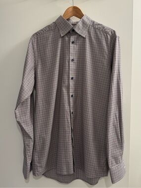ETON Contemporary Luxury Cotton Dress Shirt Brown Blue Micro Check 16.5 L